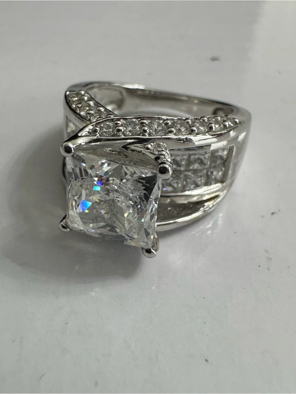 925 Silver Ring w/Large Square Cut Center CZ & sizzling CZ accents- A Statement!
